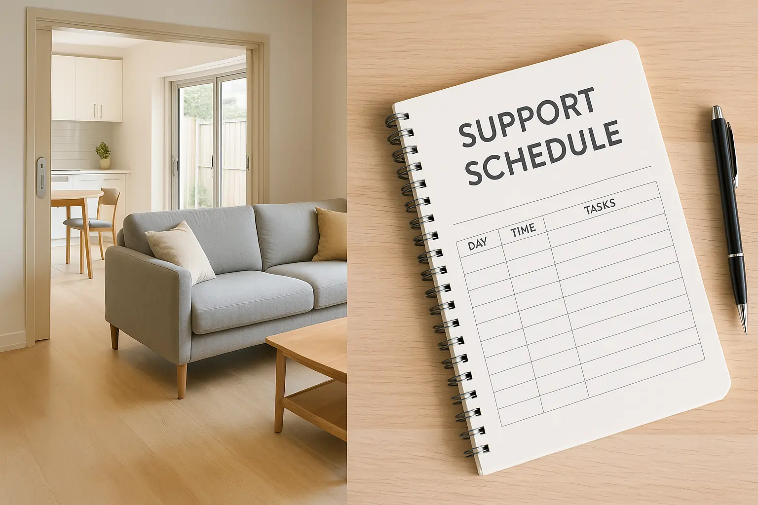 Concept scene showing accessible Melbourne home and a neatly arranged support schedule booklet.