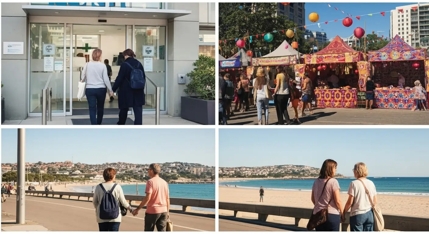 Community access activities in Sydney including medical appointments, cultural events, and outings to Bondi Beach