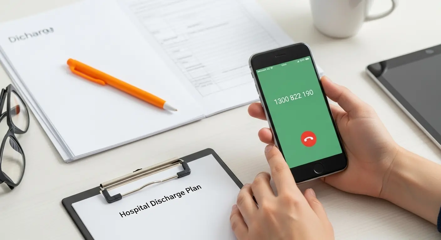 Hands holding phone and clipboard to book hospital discharge service in Brisbane.