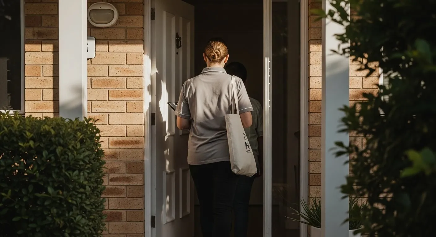 Support worker greeting participant at front door for scheduled personal care visit in Brisbane suburb.