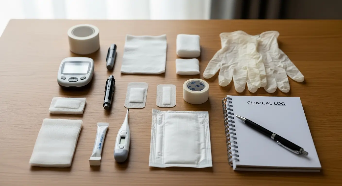 Nursing supplies for diabetes monitoring and wound care arranged neatly on a table at a Brisbane home.