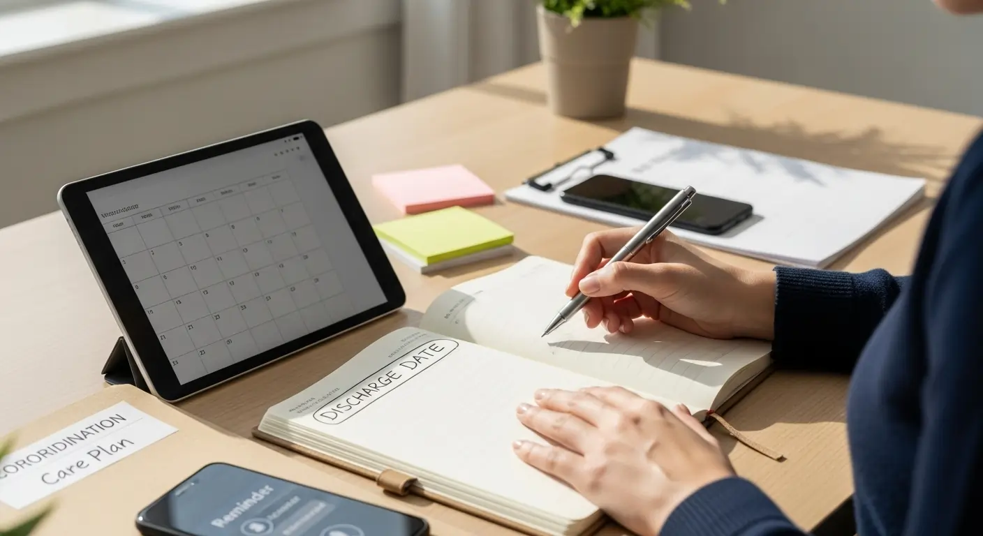Support coordinator preparing hospital discharge schedule on calendar for Brisbane participant.