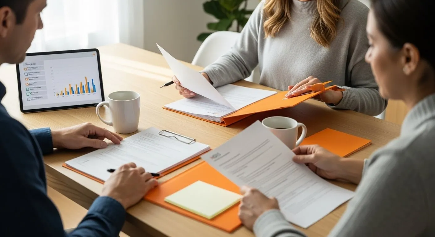Brisbane participant discussing NDIS plan review with support coordinator at home. Brisbane participant discussing NDIS plan review with support coordinator at home.
