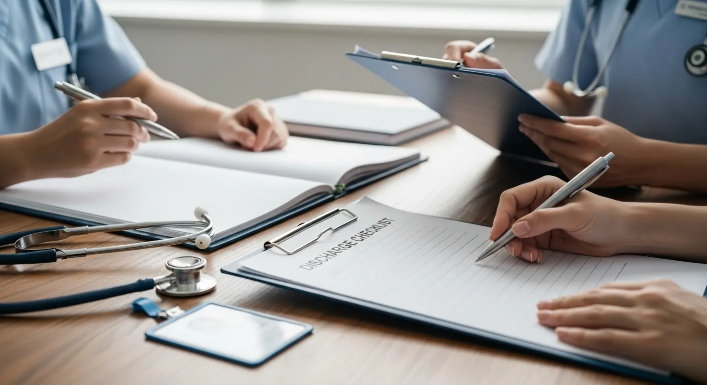 Hospital staff and support coordinator reviewing a discharge checklist for a Brisbane patient.