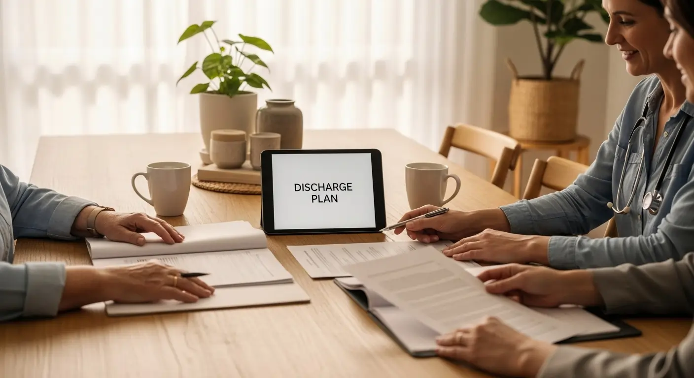 Diverse Brisbane family meeting support coordinator at dining table reviewing discharge paperwork.