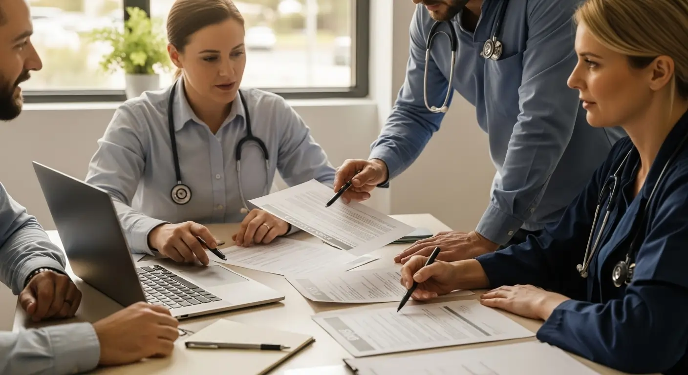 Allied health professionals collaborating on participant care plan in Perth clinic.