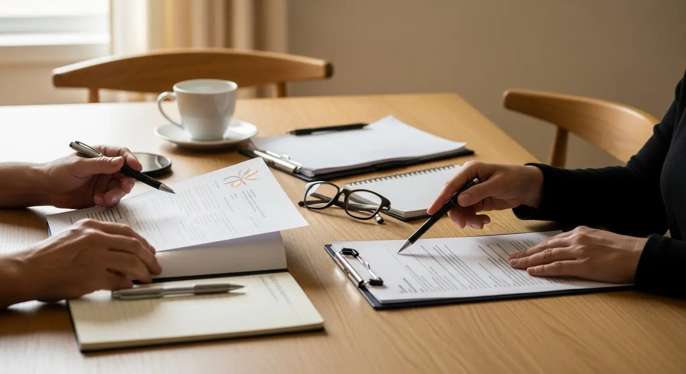 NDIS participant in Sydney reviewing plan eligibility with a support coordinator at home NDIS participant in Sydney reviewing plan eligibility with a support coordinator at home