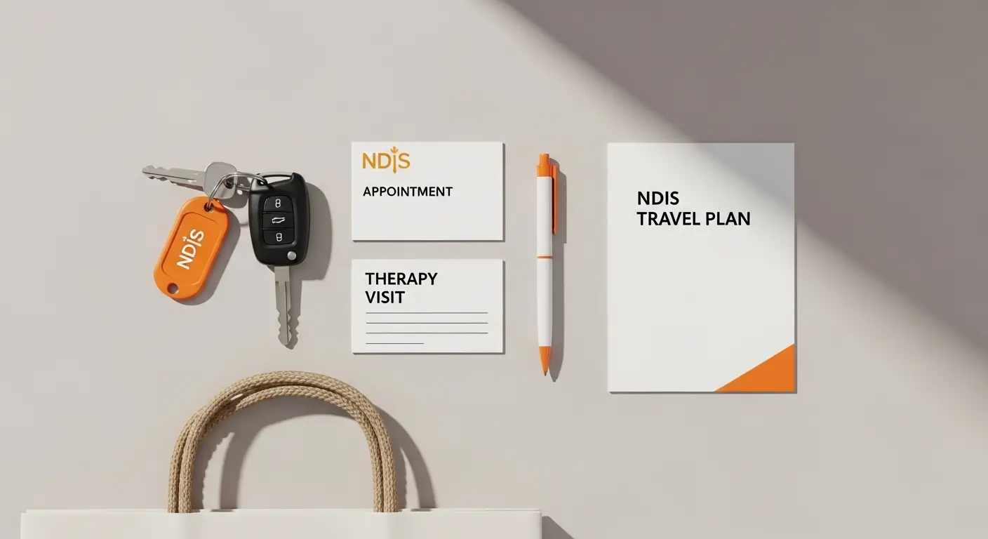 Collage of appointment card, car keys, shopping bag, and therapy folder labelled “NDIS Travel Plan”.