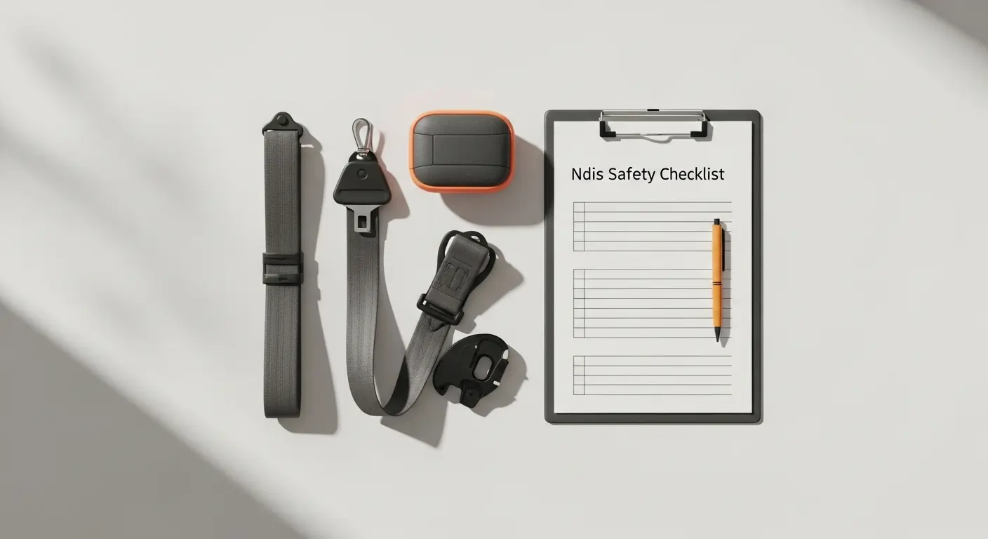 Safety checklist, seatbelt, and clean vehicle interior showing wheelchair restraints.