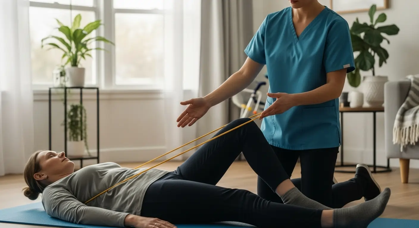 Physiotherapist helping NDIS participant with resistance band exercises in Perth home