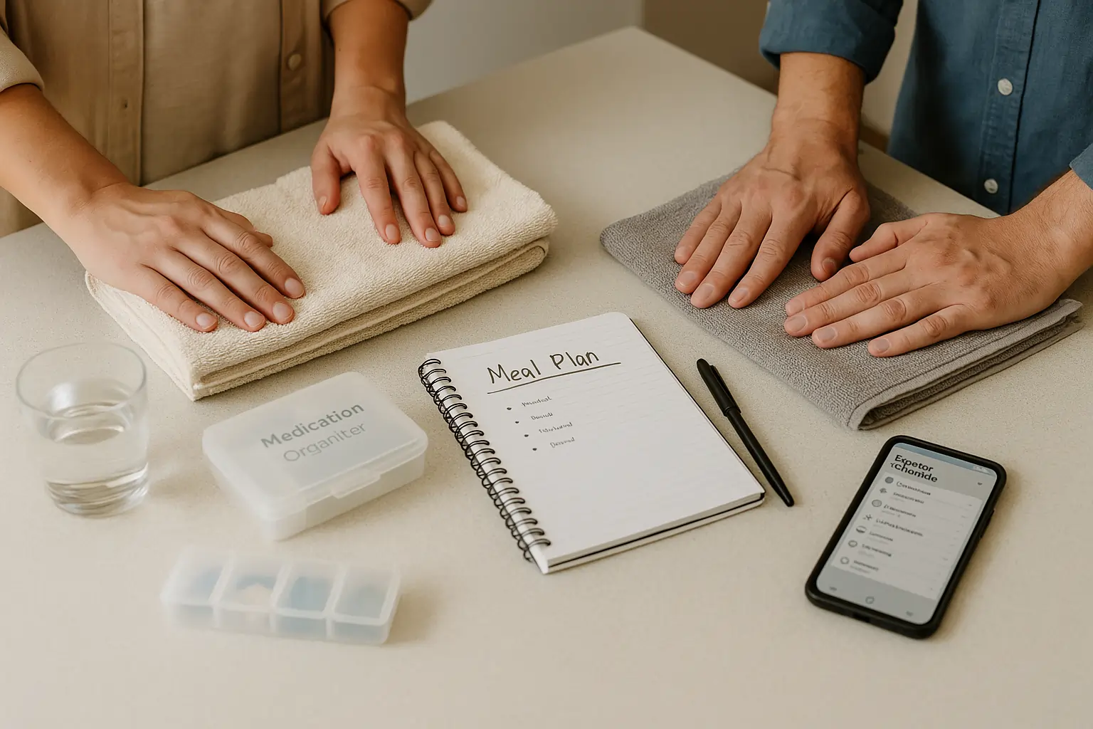 Support worker helping participant fold laundry on clean benchtop Support worker helping participant fold laundry on clean benchtop