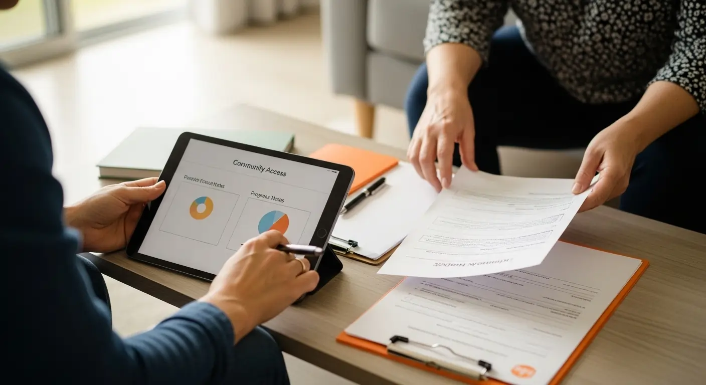 Brisbane support coordinator reviewing Community Access feedback with participant.