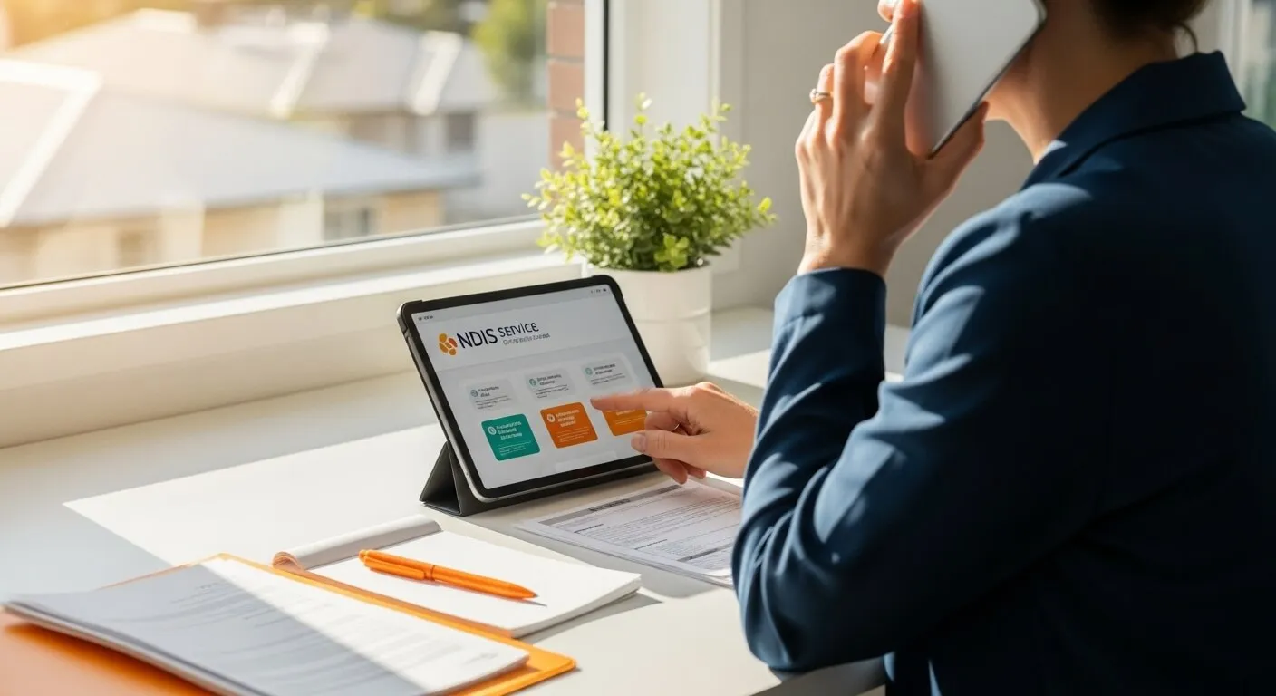 Local Brisbane NDIS Plan Manager coordinating participant services using a phone and tablet. Local Brisbane NDIS Plan Manager coordinating participant services using a phone and tablet.