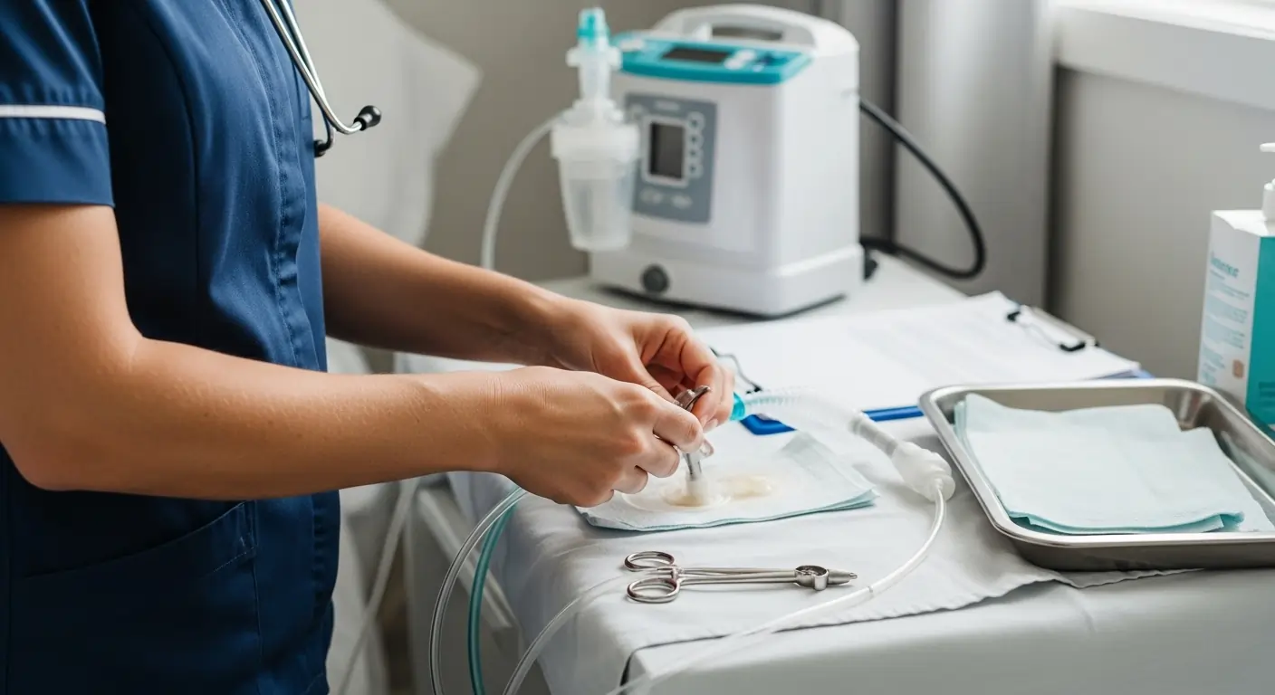 Registered nurse performing tracheostomy care procedure at home in Brisbane with sterile gloves and clinical precision
