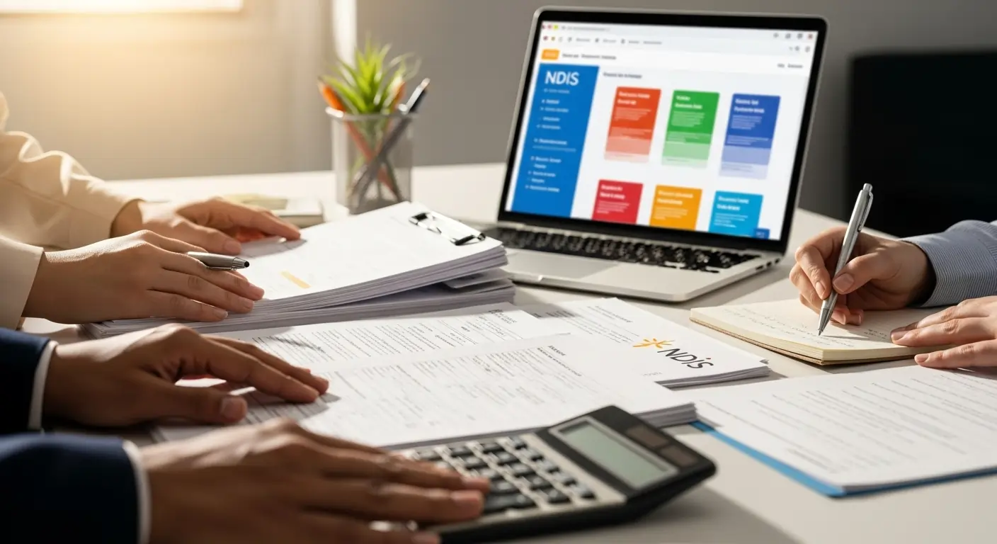 Perth NDIS participant reviewing plan funding overview with plan manager at desk Perth NDIS participant reviewing plan funding overview with plan manager at desk