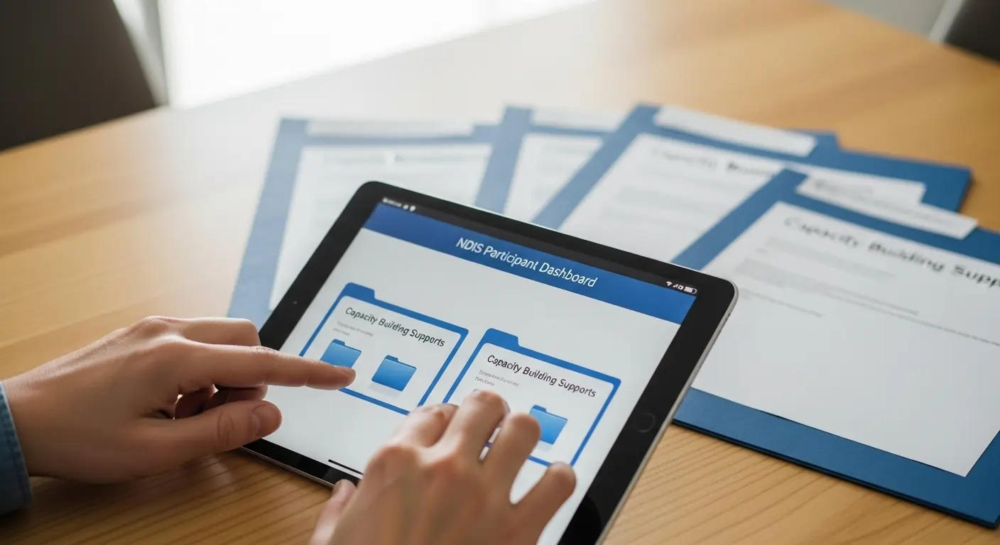 NDIS Support Coordinator explaining Capacity Building supports to participant using tablet in Perth.