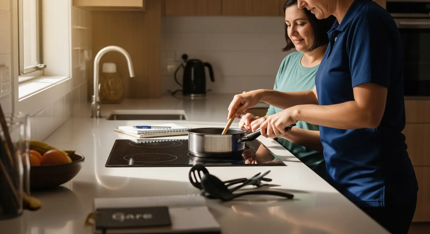 Support worker helping participant cook in accessible Brisbane kitchen Support worker helping participant cook in accessible Brisbane kitchen