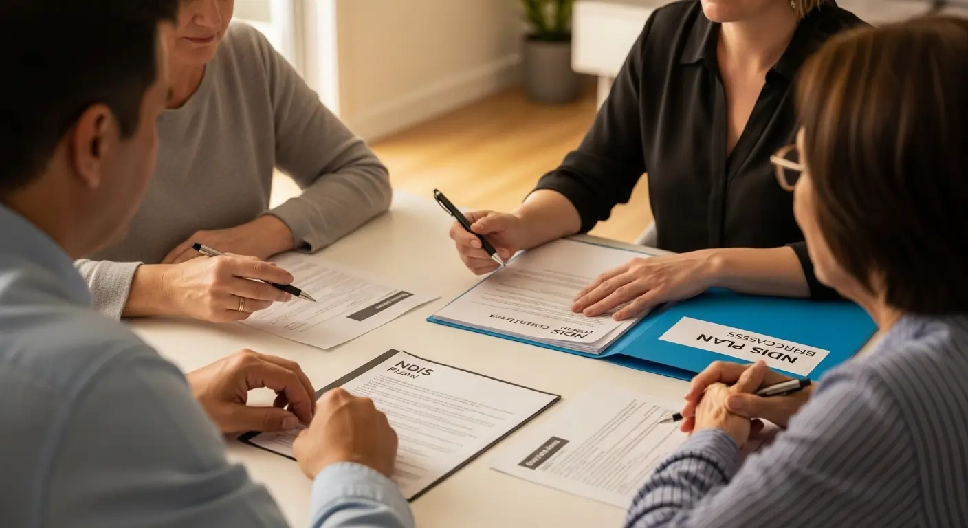 Diverse Brisbane family meeting with NDIS coordinator to discuss Community Access options
