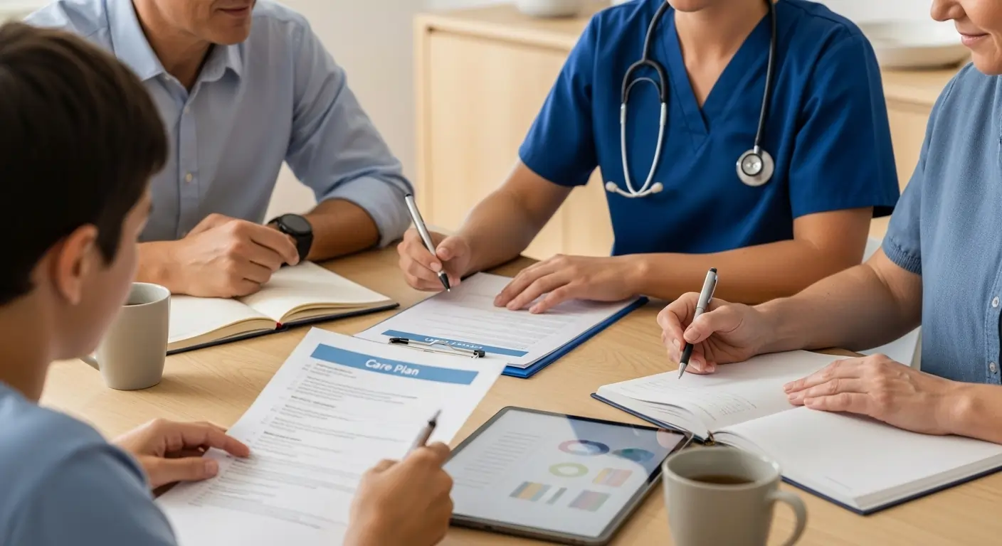 Diverse Brisbane family discussing NDIS complex care plan with a registered nurse at a dining table.