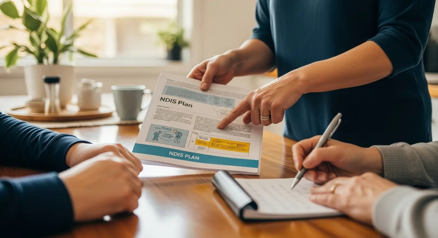 Family in Perth reviewing NDIS plan documents with plan manager at kitchen table Family in Perth reviewing NDIS plan documents with plan manager at kitchen table