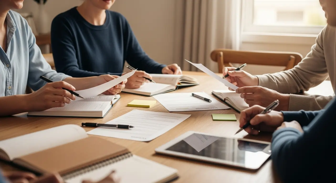 Diverse Brisbane family meeting Support Coordinator at home, paperwork on dining table, inclusive and welcoming setting. Diverse Brisbane family meeting Support Coordinator at home, paperwork on dining table, inclusive and welcoming setting.