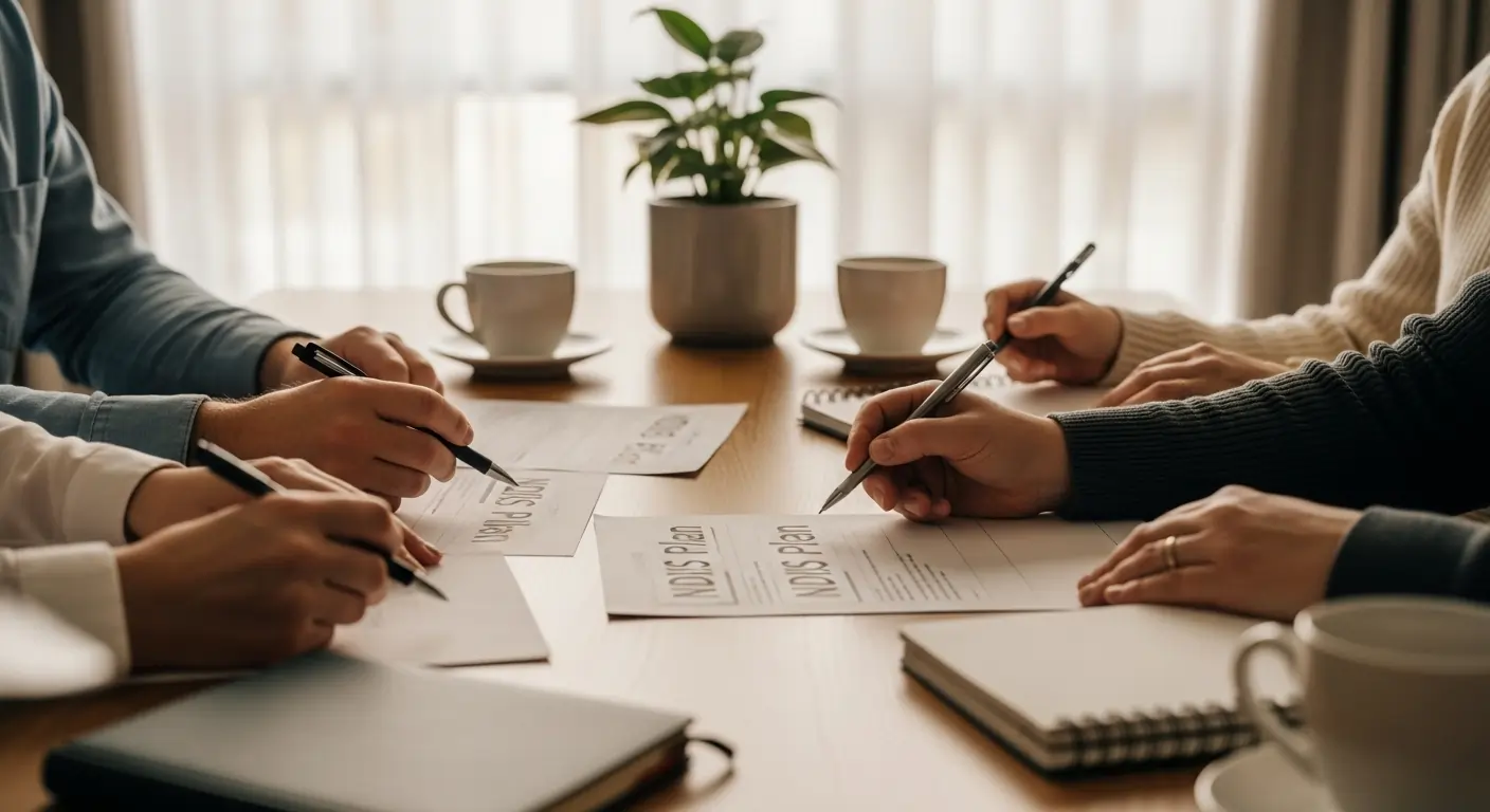 Diverse Perth participants meeting with Support Coordinator over plan documents, inclusive environment.