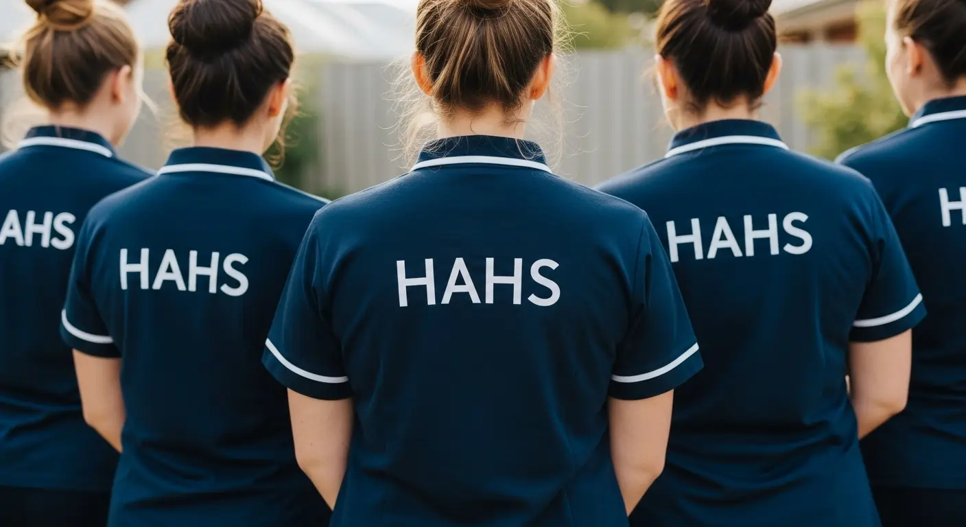 Perth support team smiling together wearing Help at Hand Support uniforms