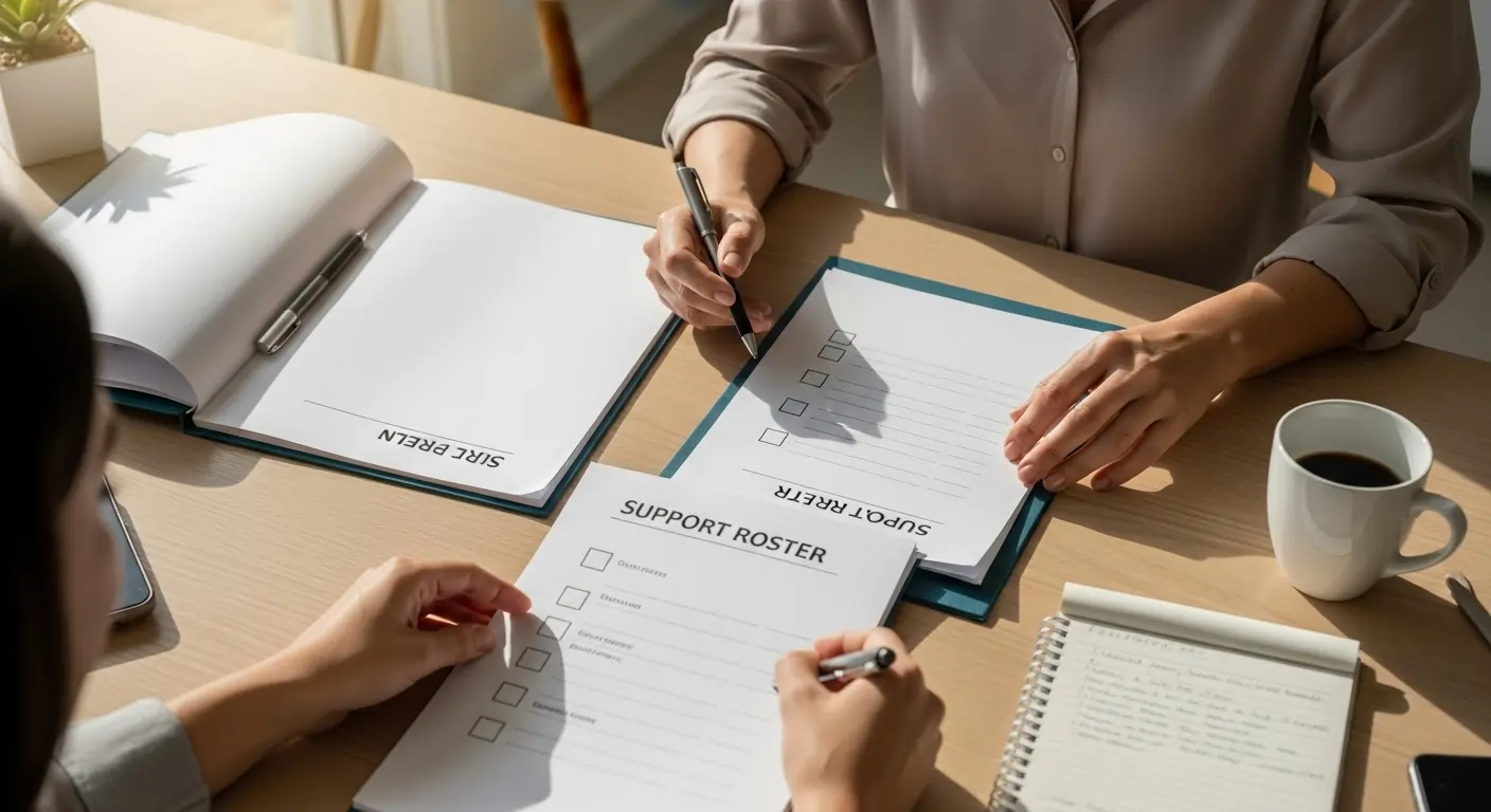 Brisbane SIL team preparing home orientation folder and cleaning checklist before participant move-in. Brisbane SIL team preparing home orientation folder and cleaning checklist before participant move-in.