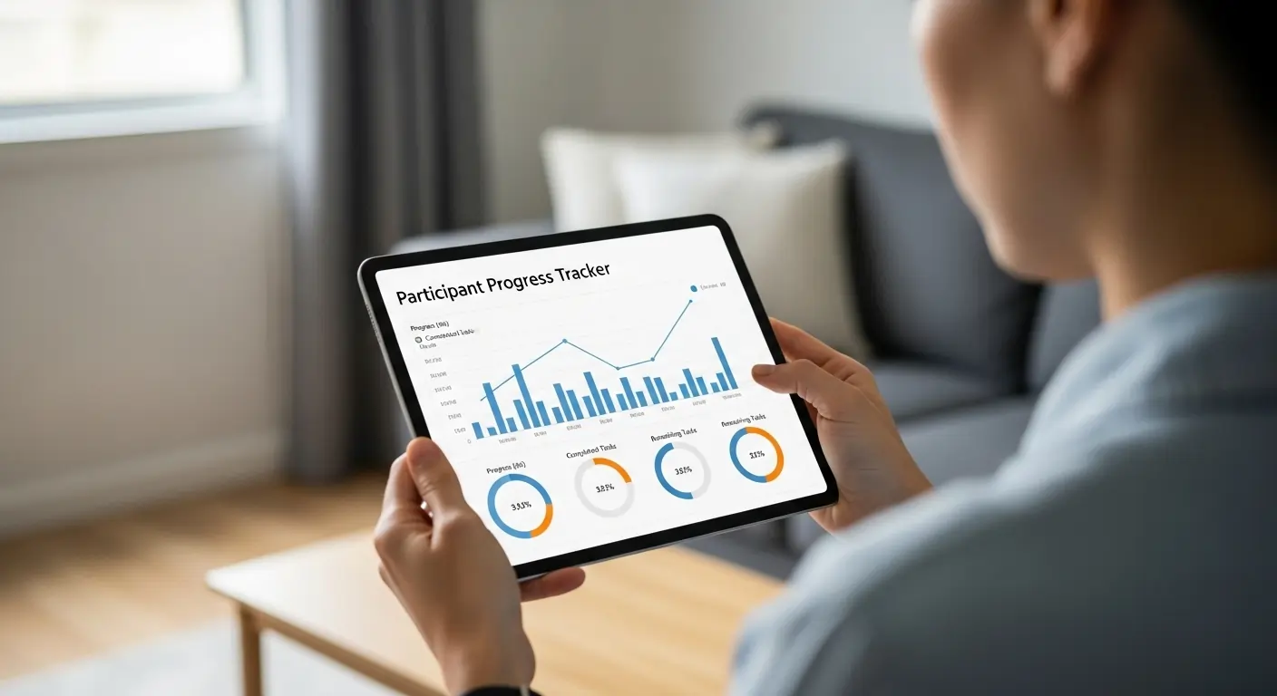 Over-shoulder shot of person pointing at “Participant Progress Tracker” on tablet, natural lighting Over-shoulder shot of person pointing at “Participant Progress Tracker” on tablet, natural lighting