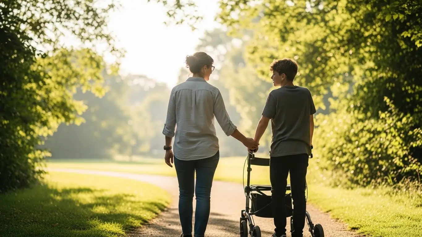 Support worker walking with teenager with disability in a community park. Support worker walking with teenager with disability in a community park.