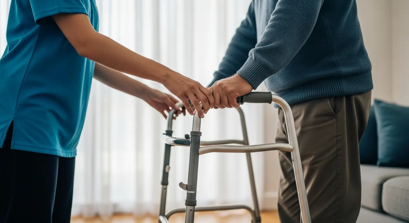 Carer helping participant walking