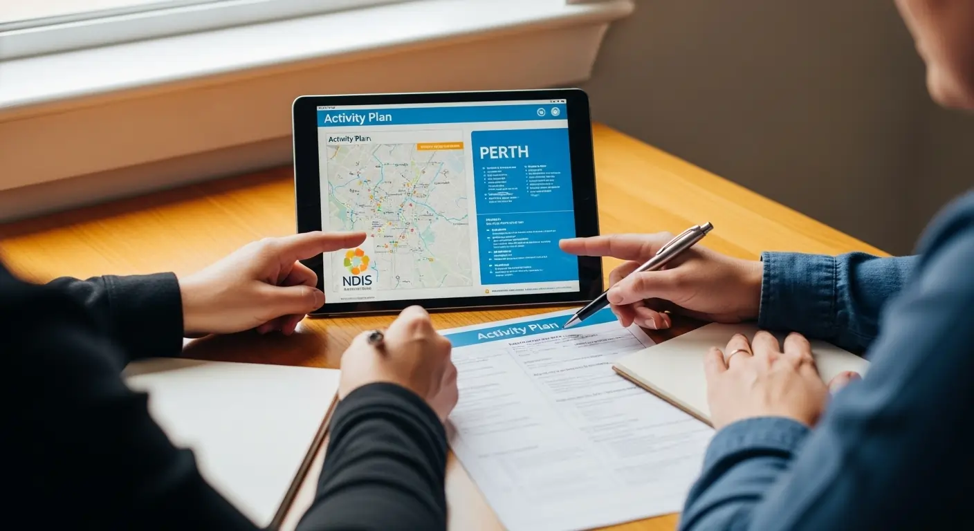 Support worker and participant planning NDIS community access activities on a tablet in Perth. Support worker and participant planning NDIS community access activities on a tablet in Perth.