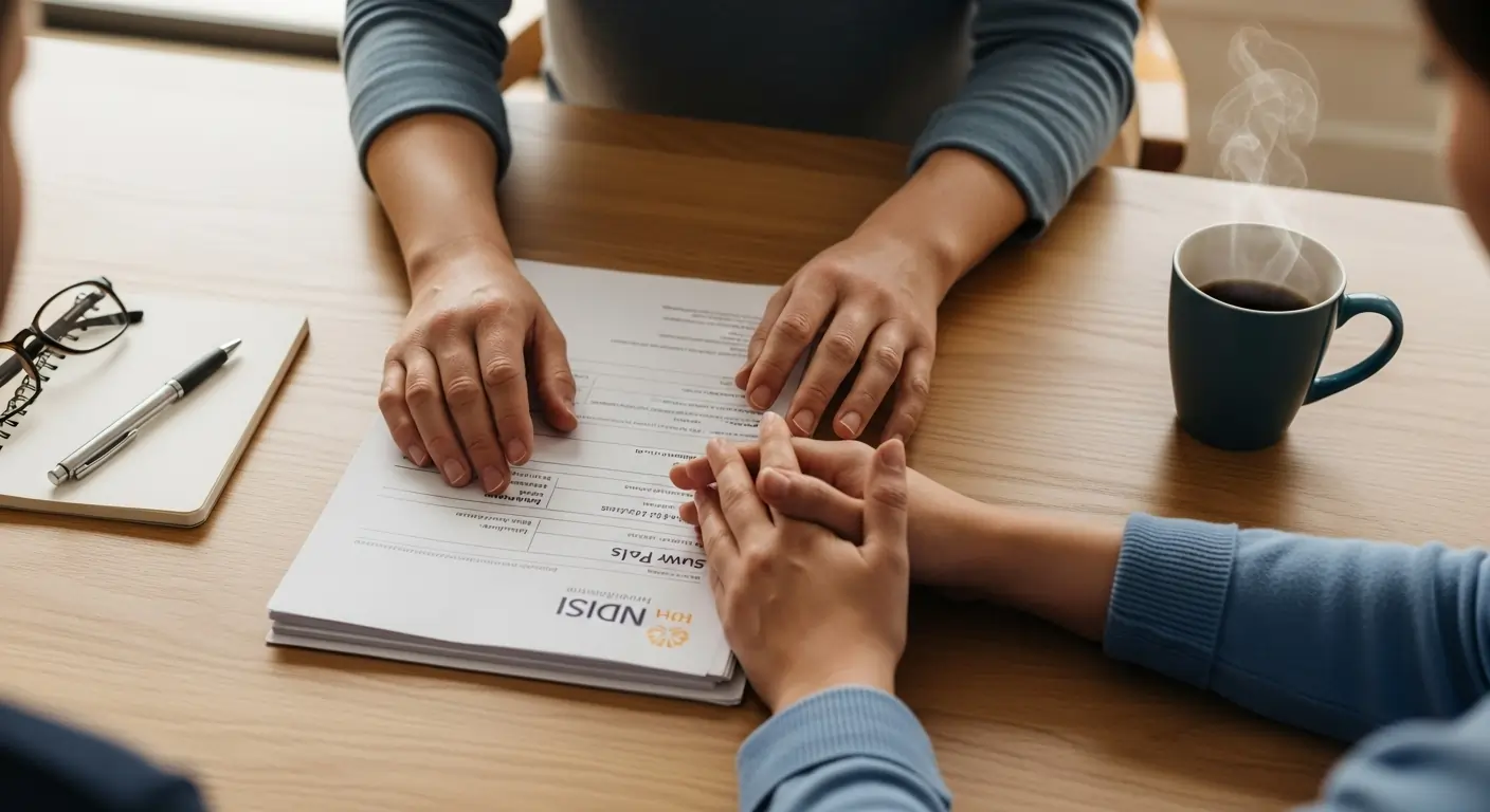 Support worker guiding an NDIS participant with daily living support inside a Melbourne home.