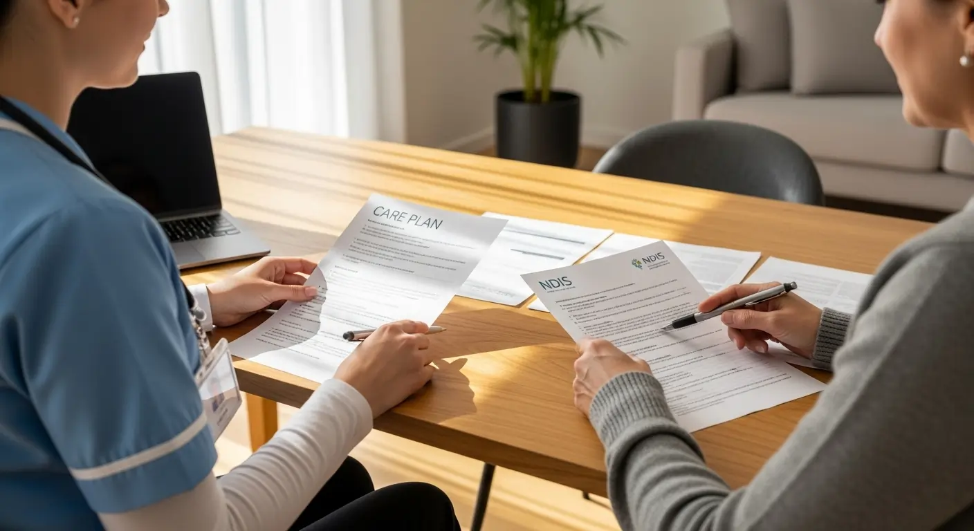 Registered nurse reviewing NDIS hospital discharge plan in Perth home