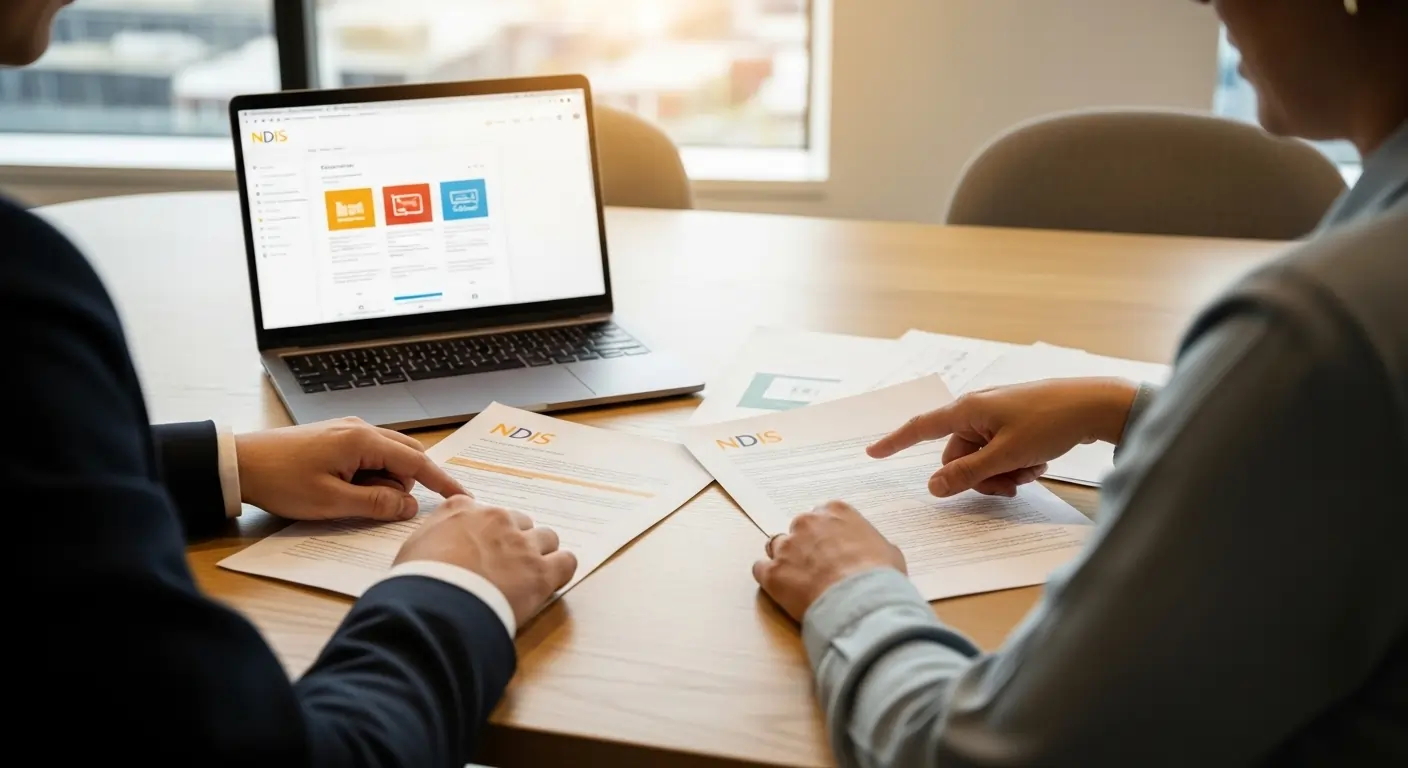 Support worker explaining NDIS funding paperwork to participant in Adelaide.