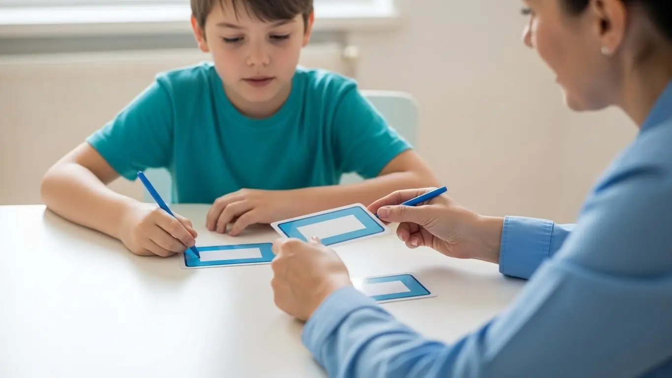 Autism support worker using visual communication tools during daily activities Autism support worker using visual communication tools during daily activities