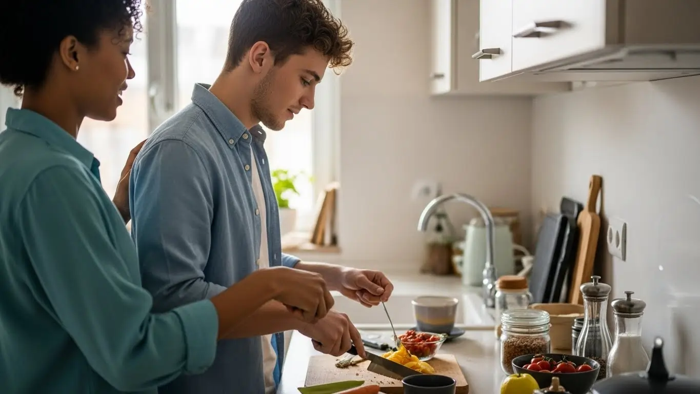 Support worker assisting an autistic participant with daily living activities at home Support worker assisting an autistic participant with daily living activities at home