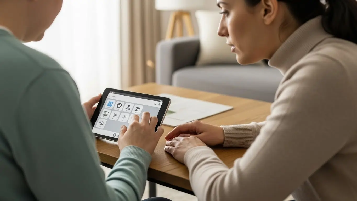 Support worker helping a person with Motor Neuron Disease use a communication device Support worker helping a person with Motor Neuron Disease use a communication device