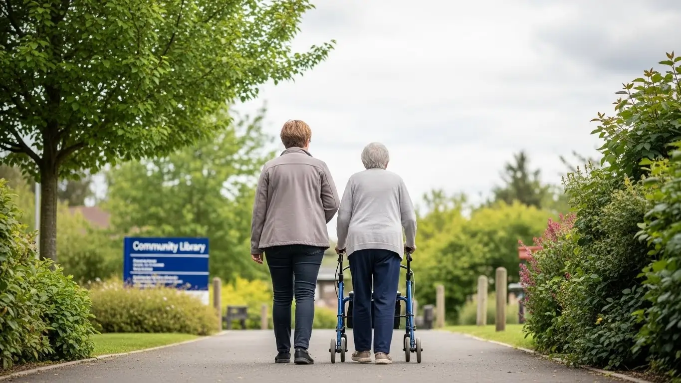 Support worker accompanying participant with Intellectual Disability to community activity. Support worker accompanying participant with Intellectual Disability to community activity.