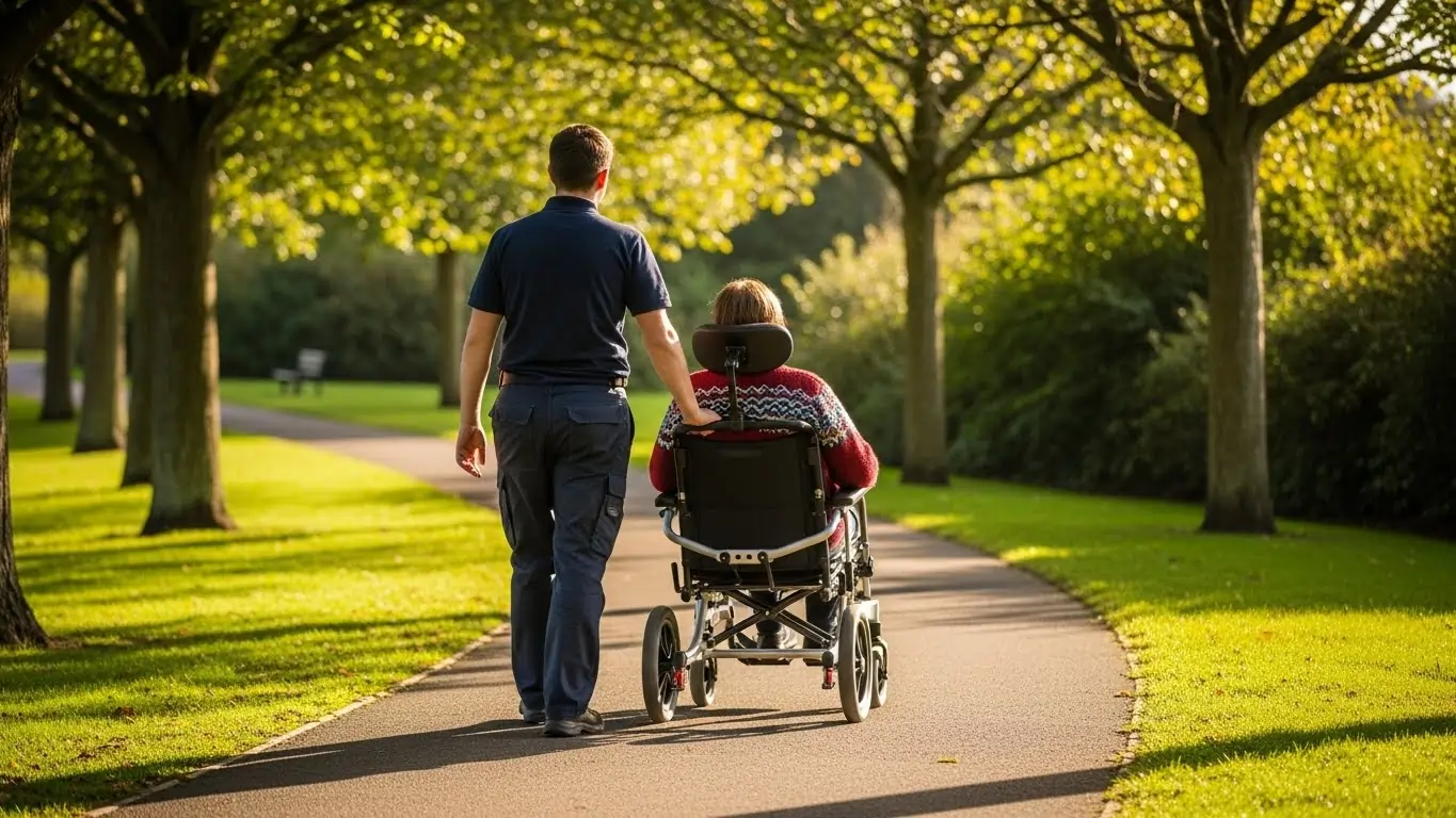 Support worker assisting Motor Neuron Disease participant with community access outdoors Support worker assisting Motor Neuron Disease participant with community access outdoors