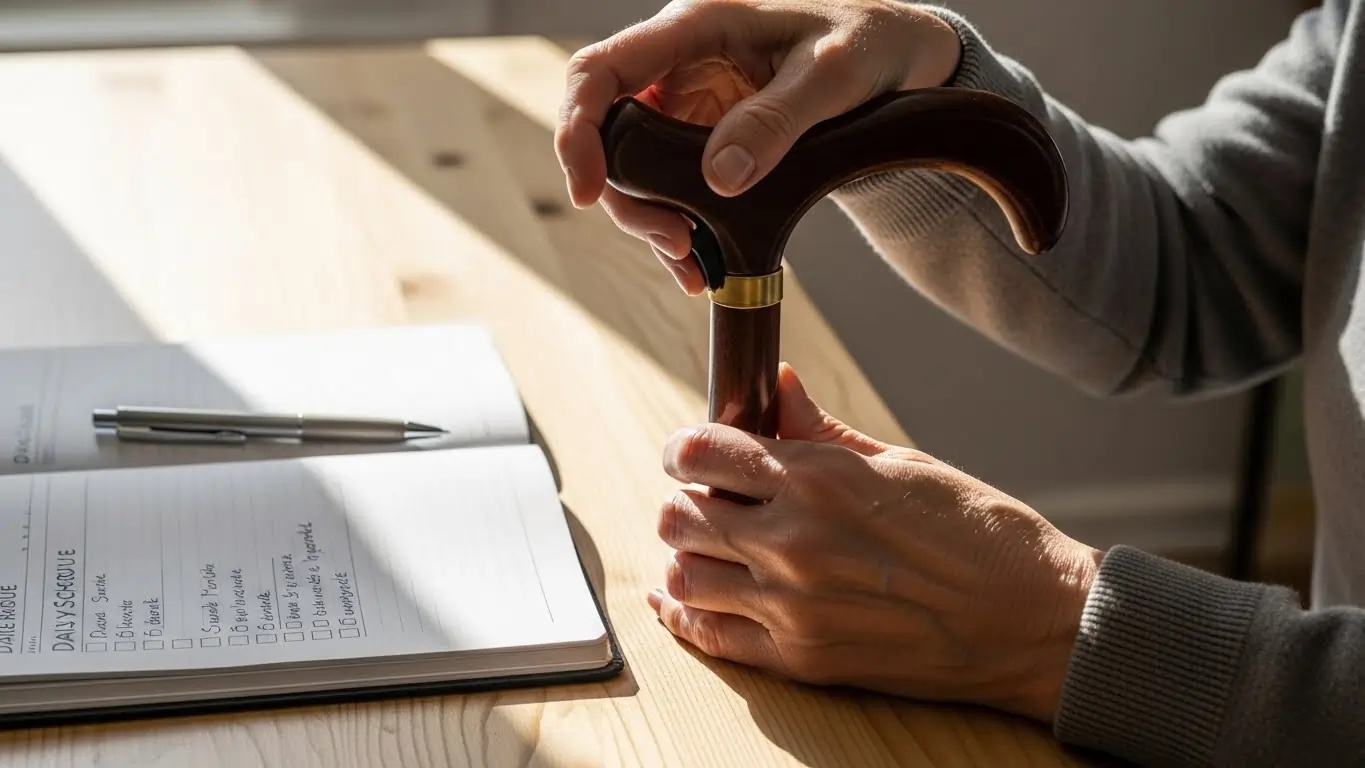 Support worker adjusting a mobility aid and planning a daily routine for a participant with Multiple Sclerosis. Support worker adjusting a mobility aid and planning a daily routine for a participant with Multiple Sclerosis.