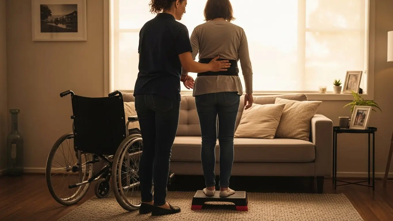 Support worker providing mobility and transfer assistance for a person with Cerebral Palsy at home Support worker providing mobility and transfer assistance for a person with Cerebral Palsy at home