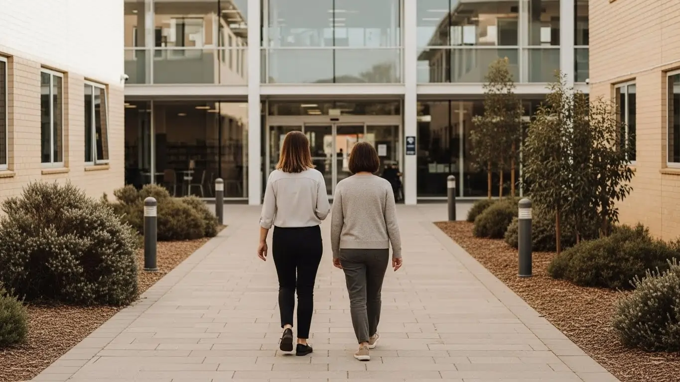 Support worker and participant walking toward a building entrance, photographed from behin