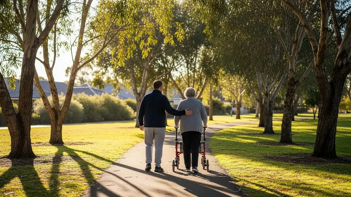 Support worker walking alongside a participant with Multiple Sclerosis during outdoor community access support. Support worker walking alongside a participant with Multiple Sclerosis during outdoor community access support.