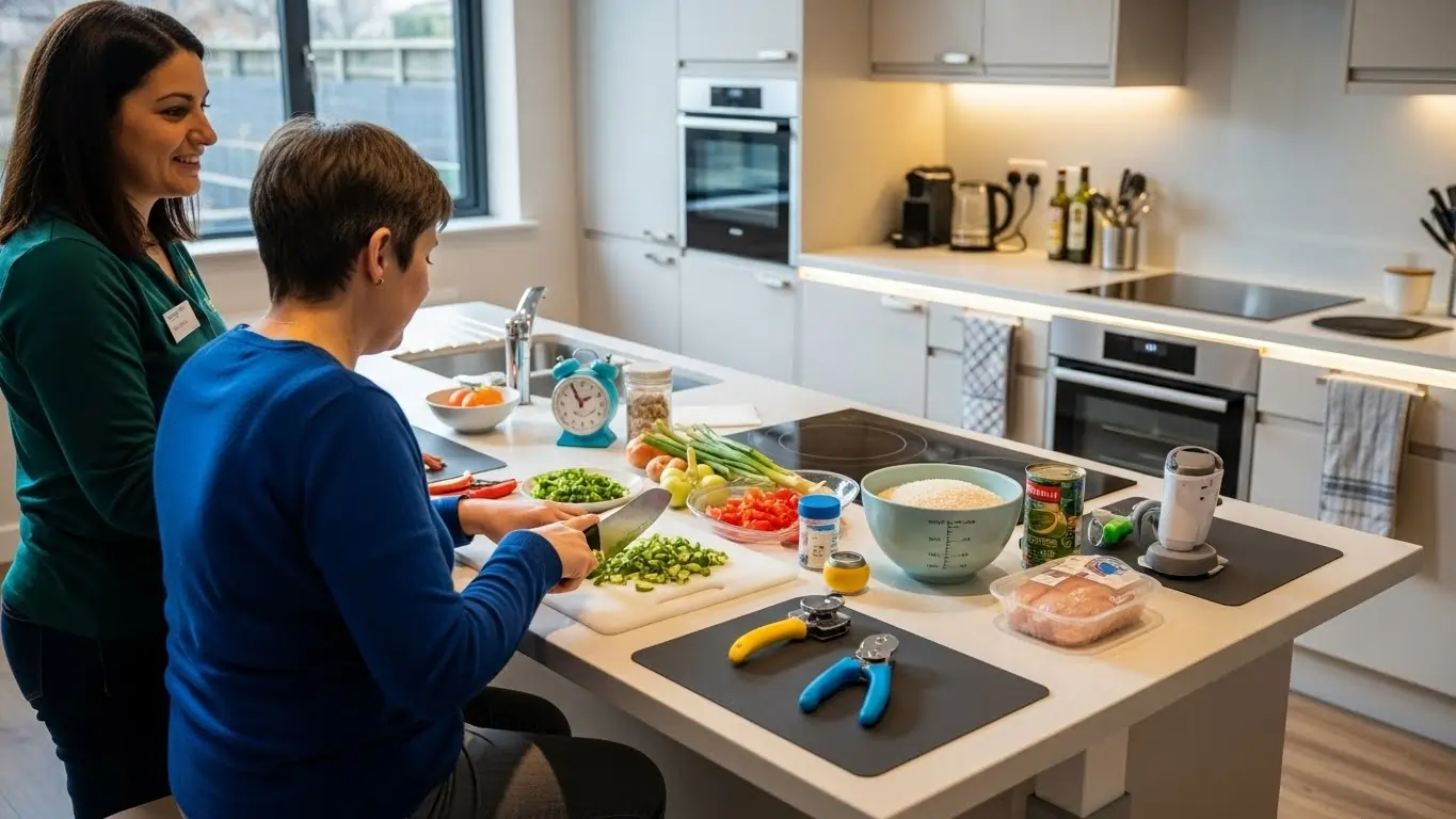 Support worker providing hands-on daily living support in kitchen setting. Support worker providing hands-on daily living support in kitchen setting.