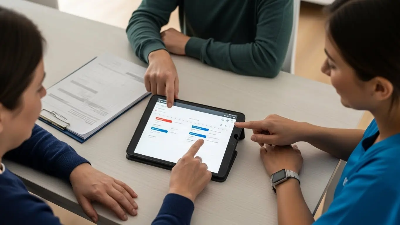 Hands of a participant and support worker reviewing an NDIS booking on a device