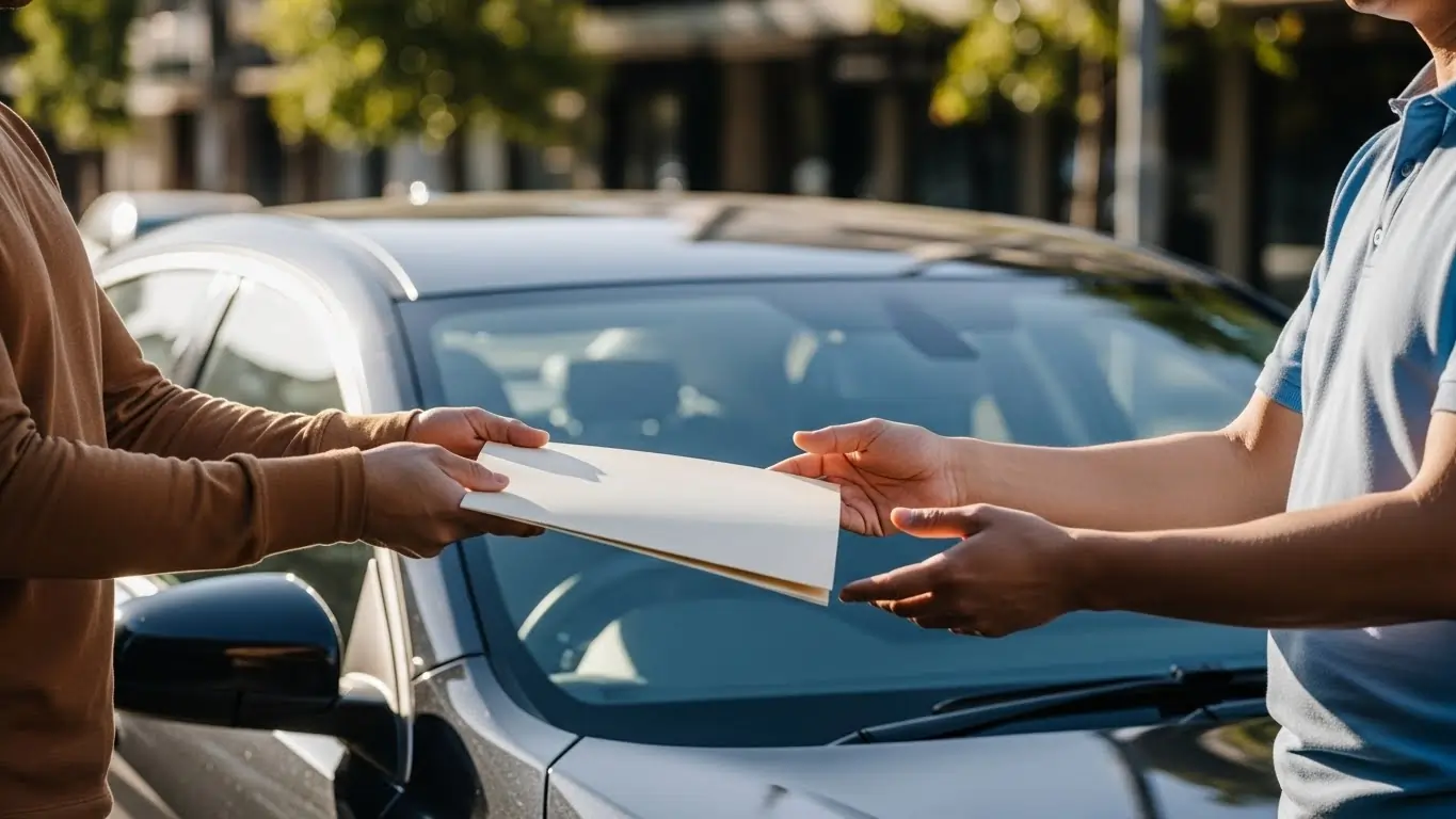 Two people exchanging documents near car Two people exchanging documents near car