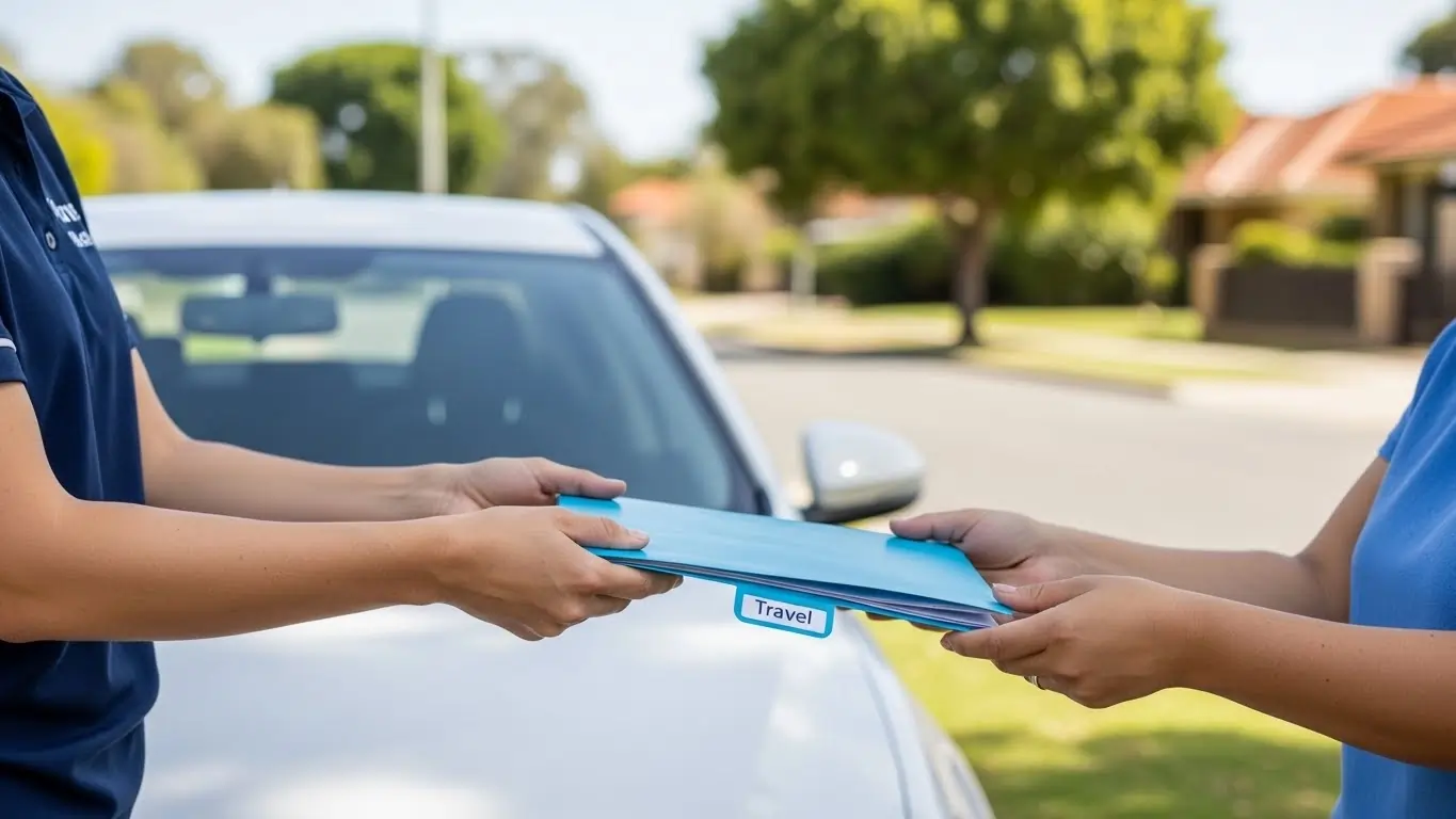 Support worker handing a travel folder beside a car in Perth