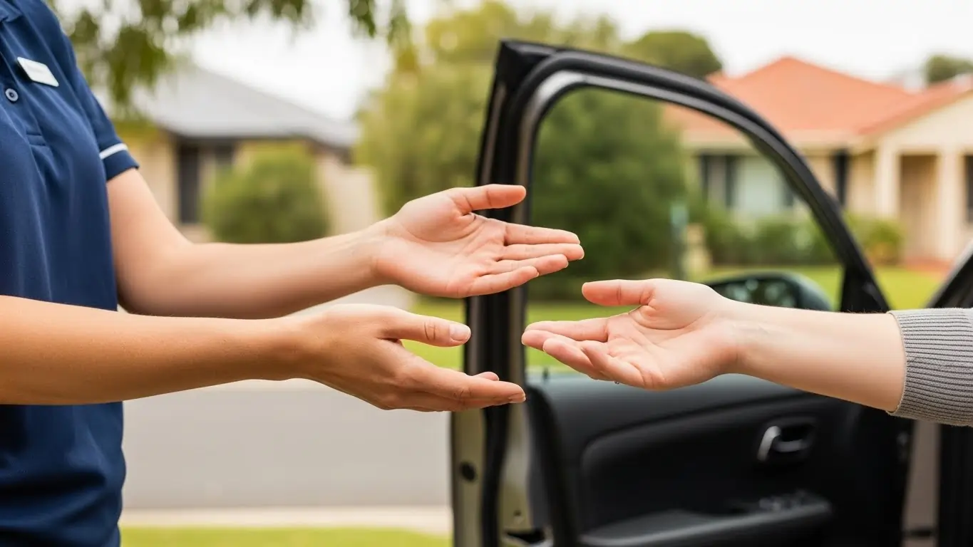 Hands guiding a person toward a parked car in Perth for NDIS transport