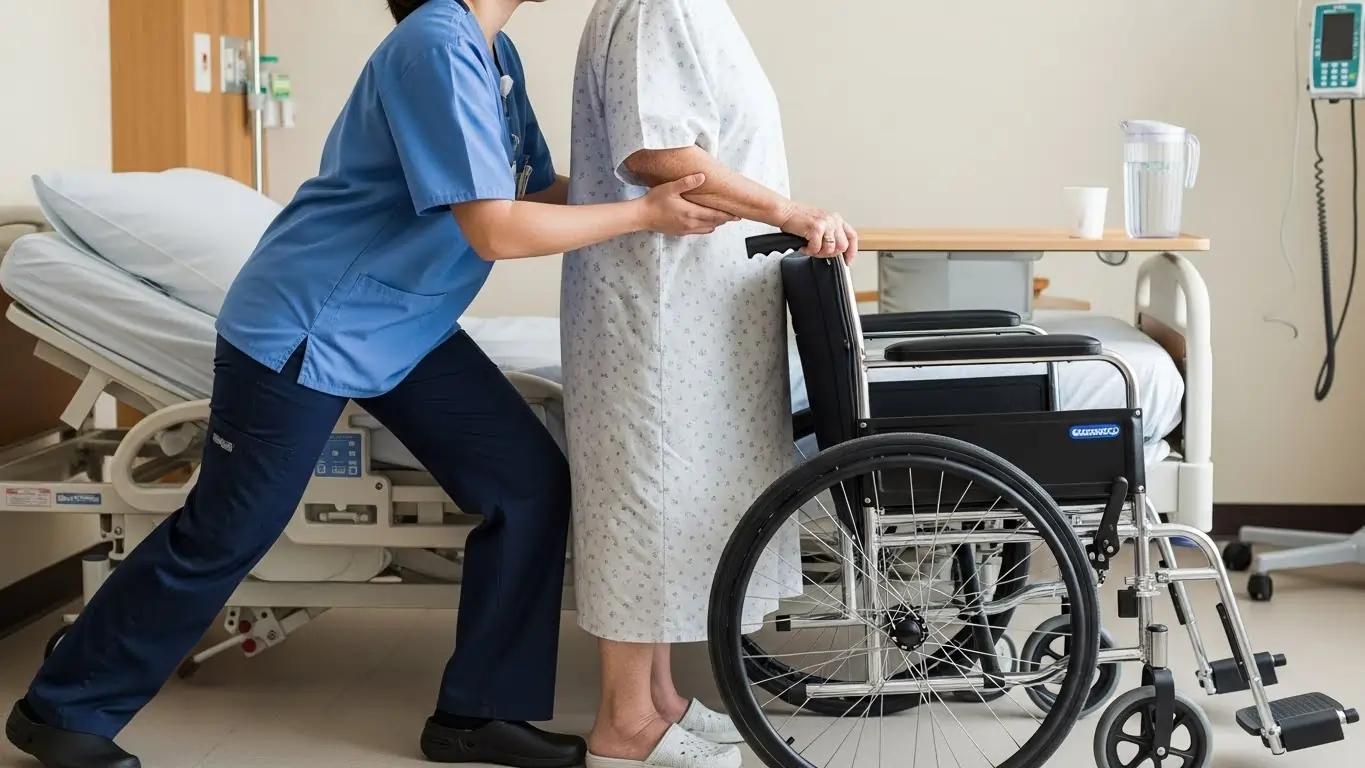 Support worker using safe manual handling techniques for Motor Neuron Disease mobility support Support worker using safe manual handling techniques for Motor Neuron Disease mobility support